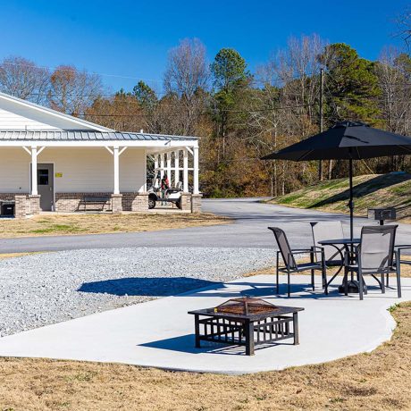 paved seating area and building