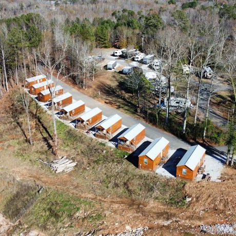 aerial view of rv park cabins